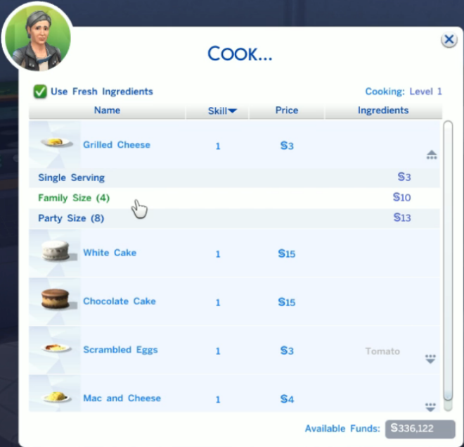 The Sims 4 Cooking Menu