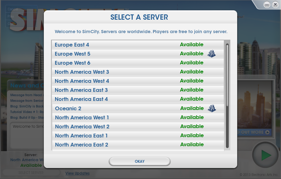 Simcity v1.4 Patch Displays Which Servers Your Cities Are On